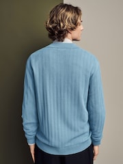 Azul - Suéter de algodón 100 % y corte estándar con diseño texturizado a rayas con botones - Imagen 3 de 8