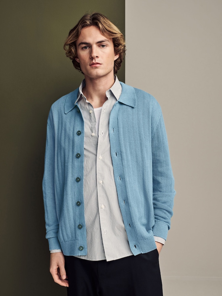 Blue 100% Cotton Regular Fit Textured Stripe Button-Through Jumper - Image 4 of 8
