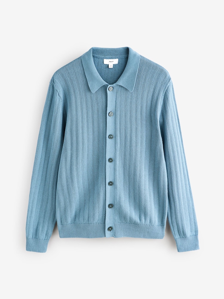 Blue 100% Cotton Regular Fit Textured Stripe Button-Through Jumper - Image 6 of 8