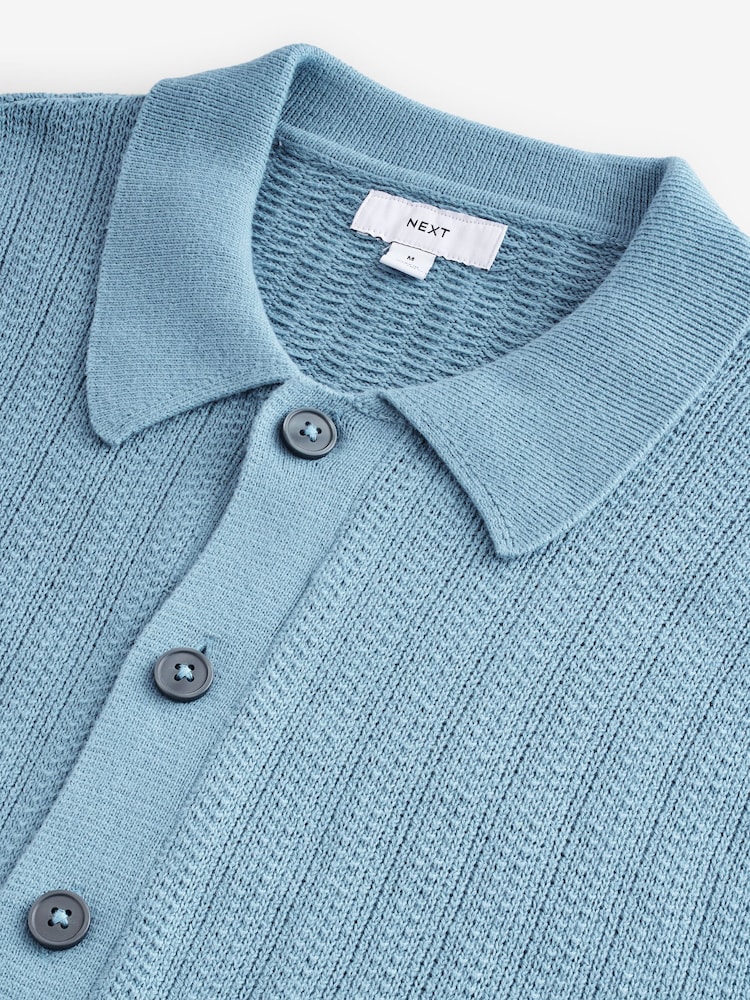 Blue 100% Cotton Regular Fit Textured Stripe Button-Through Jumper - Image 7 of 8