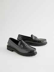 Black Leather Cleated Sole Penny Loafers - Image 1 of 6