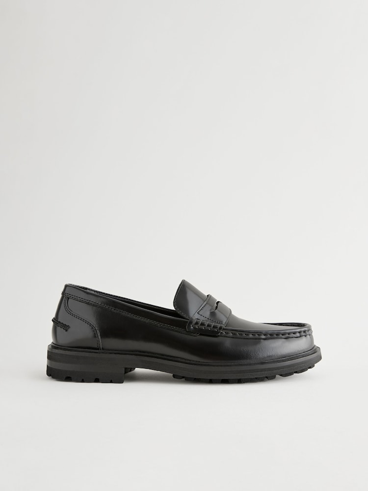 Black Leather Cleated Sole Penny Loafers - Image 2 of 6
