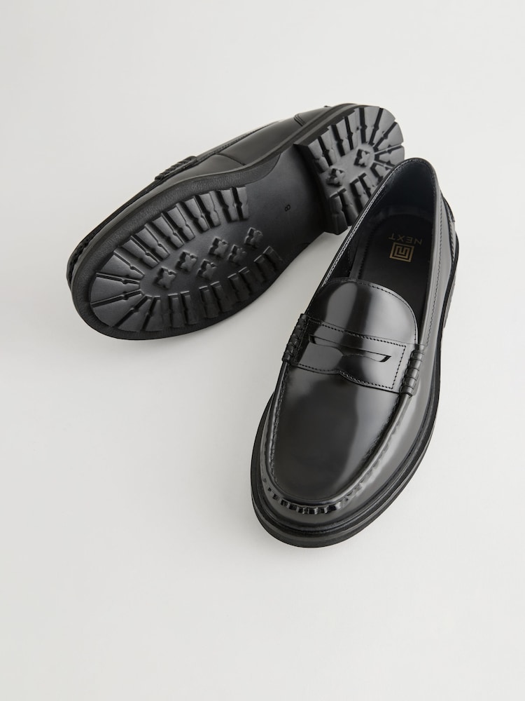 Black Leather Cleated Sole Penny Loafers - Image 3 of 6