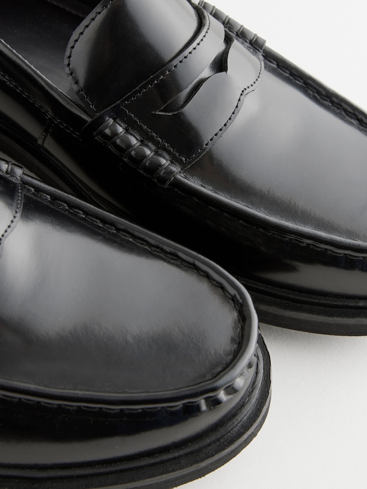 Black Leather Cleated Sole Penny Loafers - Image 4 of 6