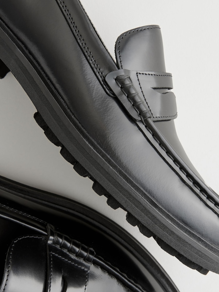 Black Leather Cleated Sole Penny Loafers - Image 5 of 6