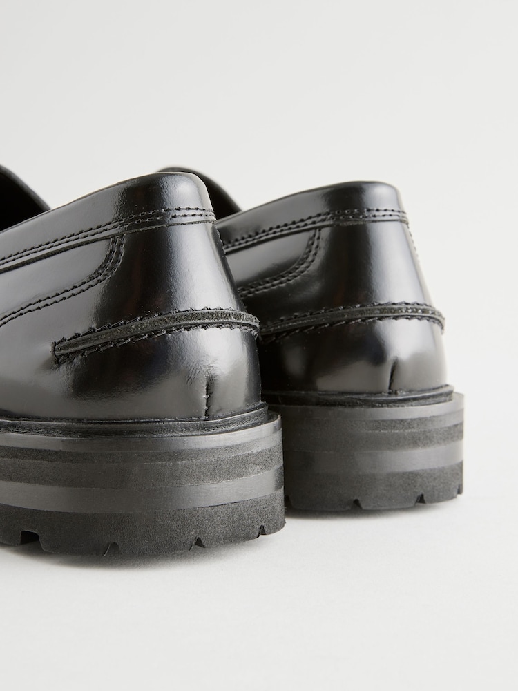 Black Leather Cleated Sole Penny Loafers - Image 6 of 6