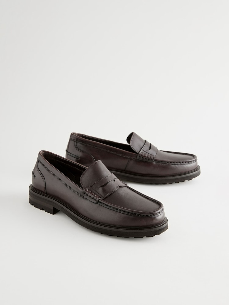 חום - Leather Cleated Sole Penny Loafers - תמונה 1 מתוך 6