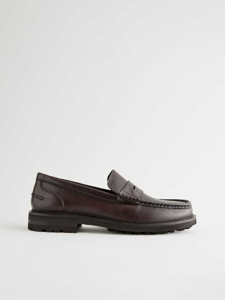 חום - Leather Cleated Sole Penny Loafers - תמונה 2 מתוך 6