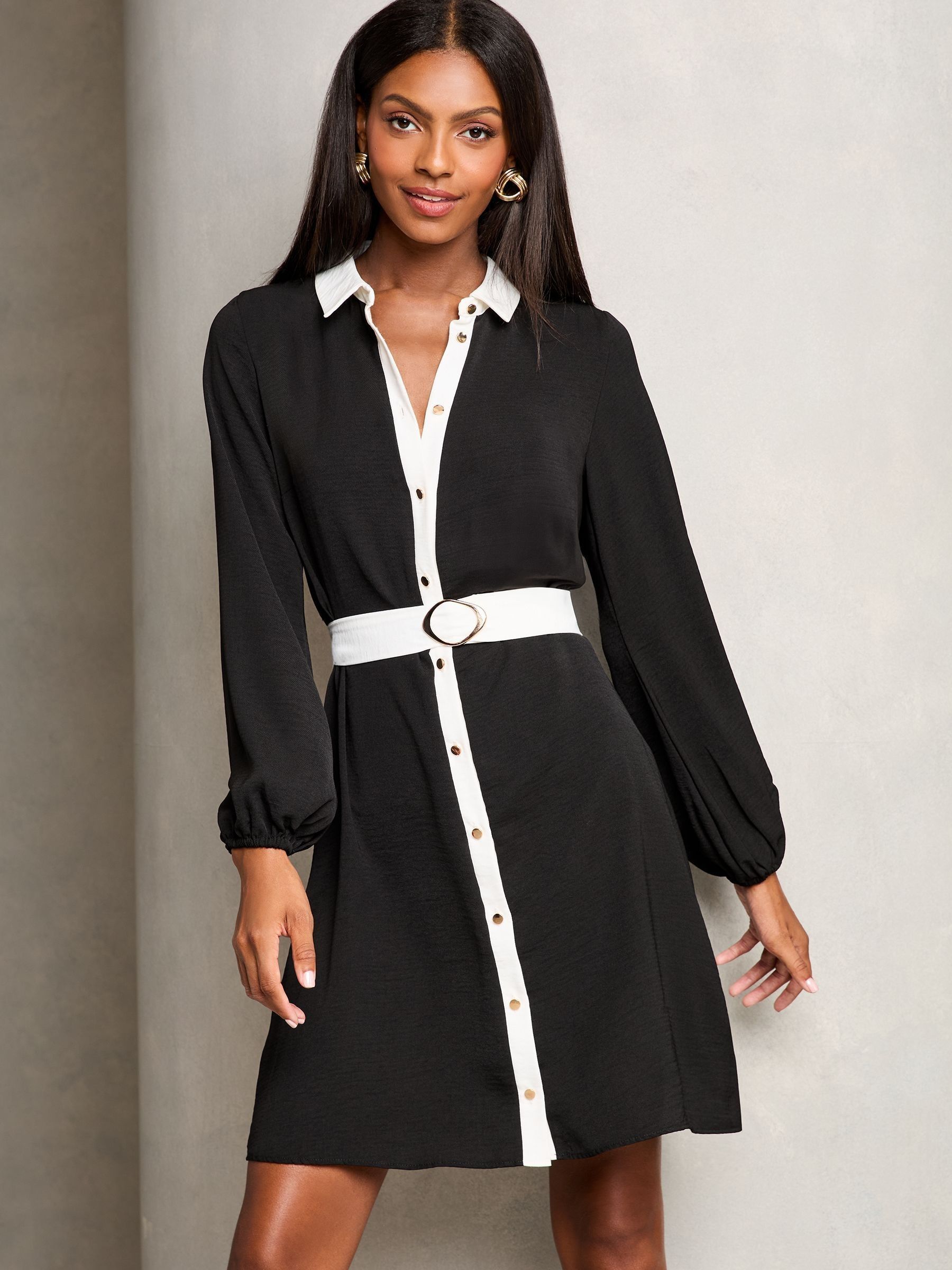 Buy Lipsy Black White Woven Belted Button Through Mini Shirt Dress from Next Luxembourg