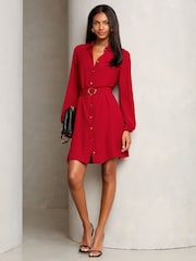Lipsy Red Woven Belted Button Through Mini Shirt Dress - Image 1 of 1