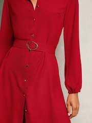 Lipsy Red Woven Belted Button Through Mini Shirt Dress - Image 2 of 4