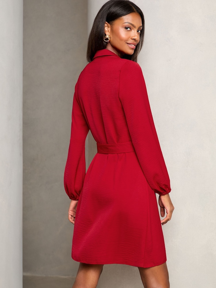 Lipsy Red Woven Belted Button Through Mini Shirt Dress - Image 4 of 4