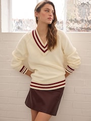 White/Ecru V-Neck Cricket Jumper With Cotton - Image 3 of 7