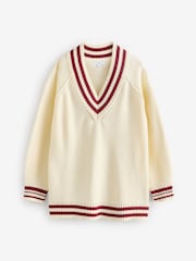 White/Ecru V-Neck Cricket Jumper With Cotton - Image 6 of 7