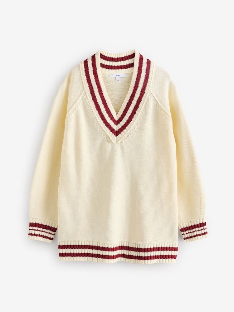 White/Ecru V-Neck Cricket Jumper With Cotton - Image 6 of 7