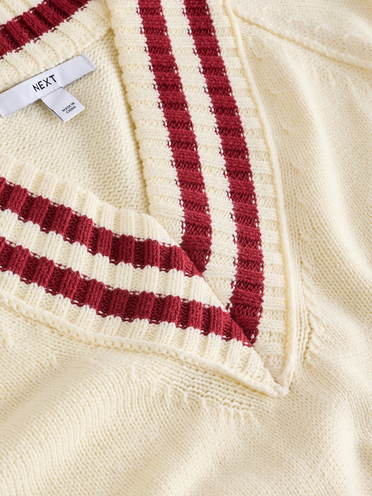 White/Ecru V-Neck Cricket Jumper With Cotton - Image 7 of 7