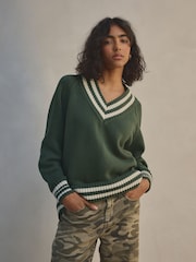 Green V-Neck Cricket Jumper With Cotton - Image 1 of 7
