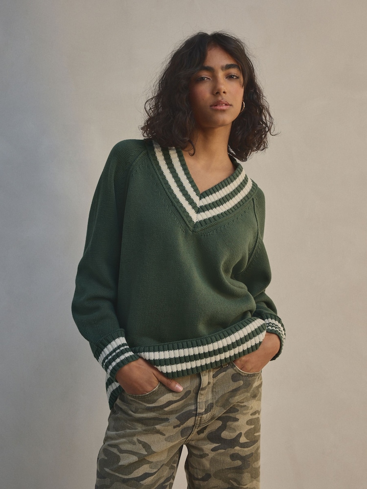Green V-Neck Cricket Jumper With Cotton - Image 1 of 7