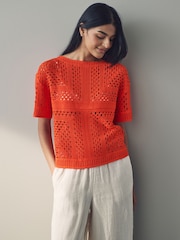 Red Bright Short Sleeve Crochet Crew Neck T-Shirt - Image 1 of 8