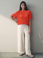 Red Bright Short Sleeve Crochet Crew Neck T-Shirt - Image 2 of 8