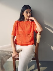 Red Bright Short Sleeve Crochet Crew Neck T-Shirt - Image 3 of 8