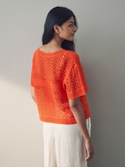 Red Bright Short Sleeve Crochet Crew Neck T-Shirt - Image 4 of 8
