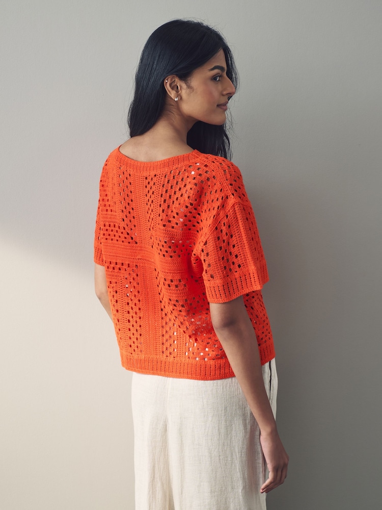 Orange Short Sleeve Crochet Crew Neck T-Shirt - Image 4 of 8