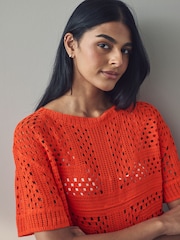 Red Bright Short Sleeve Crochet Crew Neck T-Shirt - Image 5 of 8
