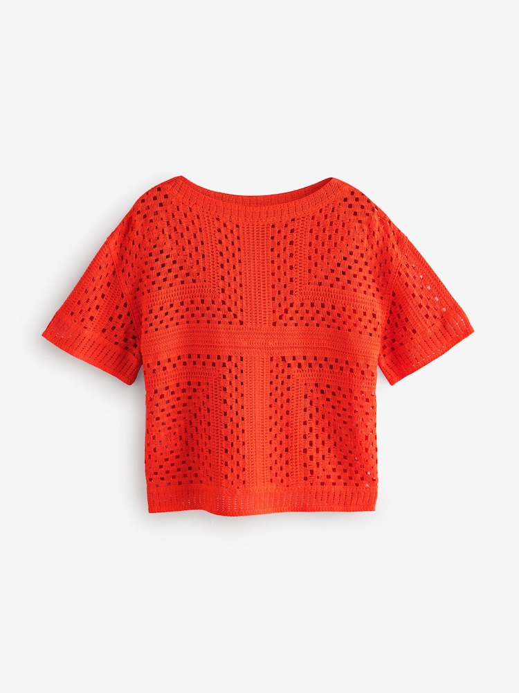 Orange Short Sleeve Crochet Crew Neck T-Shirt - Image 6 of 8