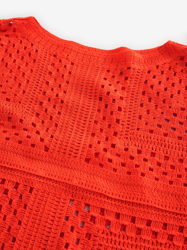 Orange Short Sleeve Crochet Crew Neck T-Shirt - Image 7 of 8
