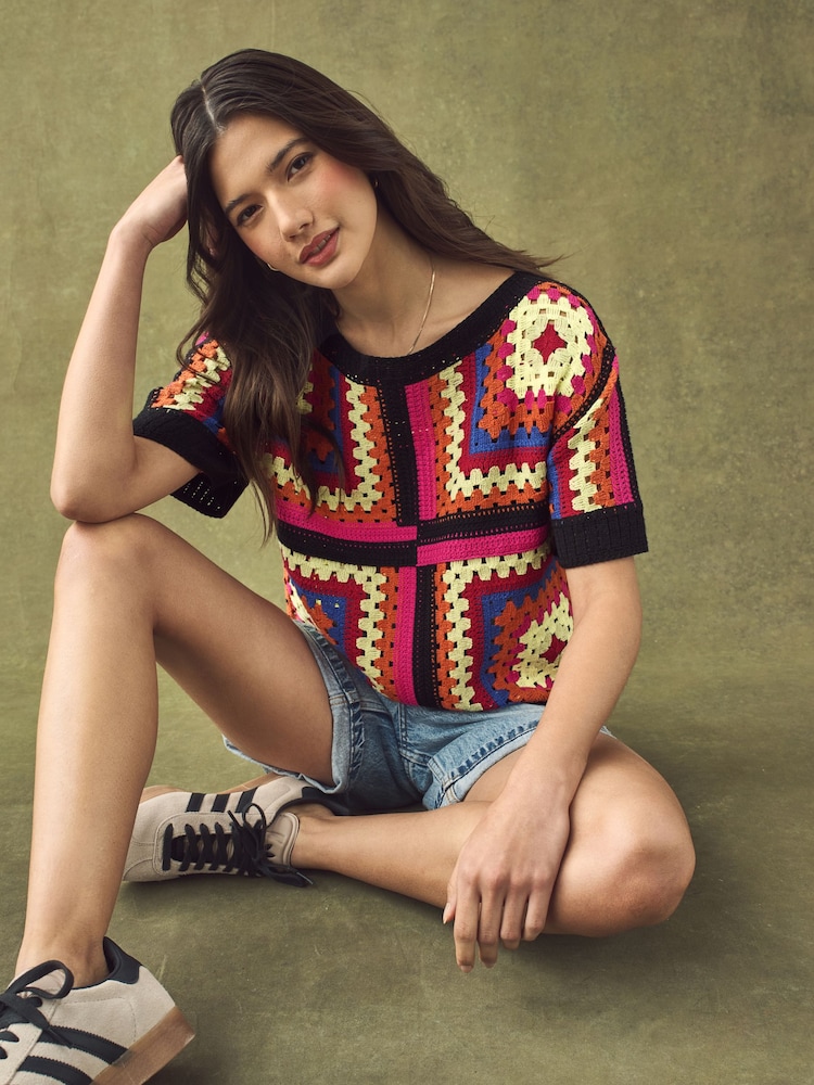 Bright Multi Short Sleeve Crochet Crew Neck T-Shirt - Image 1 of 8