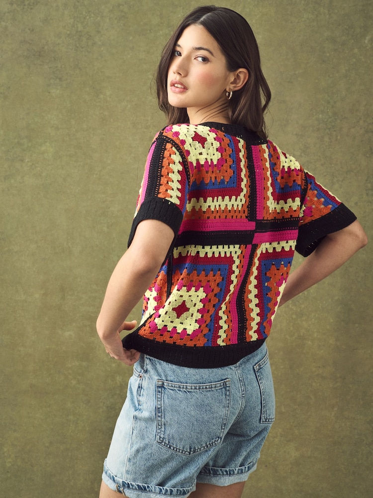 Bright Multi Short Sleeve Crochet Crew Neck T-Shirt - Image 2 of 8