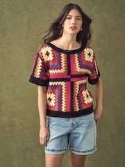 Bright Multi Short Sleeve Crochet Crew Neck T-Shirt - Image 3 of 8