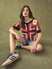 Bright Multi Short Sleeve Crochet Crew Neck T-Shirt - Image 4 of 8