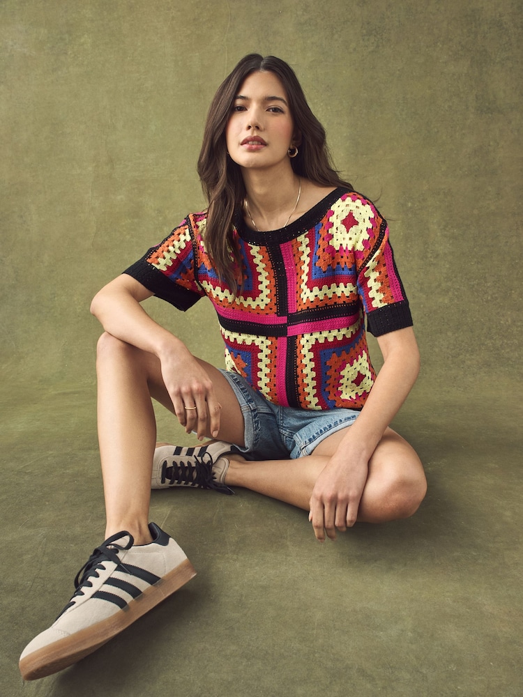 Bright Multi Short Sleeve Crochet Crew Neck T-Shirt - Image 4 of 8