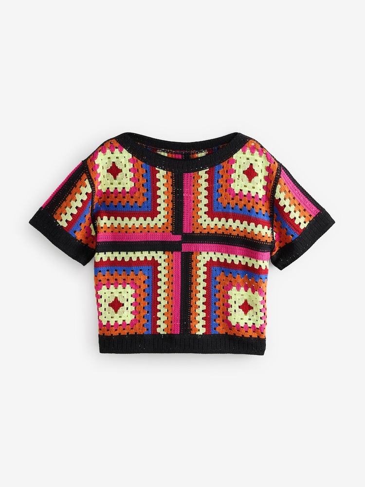 Bright Multi Short Sleeve Crochet Crew Neck T-Shirt - Image 6 of 8