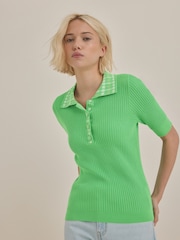 Green Bright Gingham Collared Polo Knitted 100% Cotton Jumper - Image 2 of 7