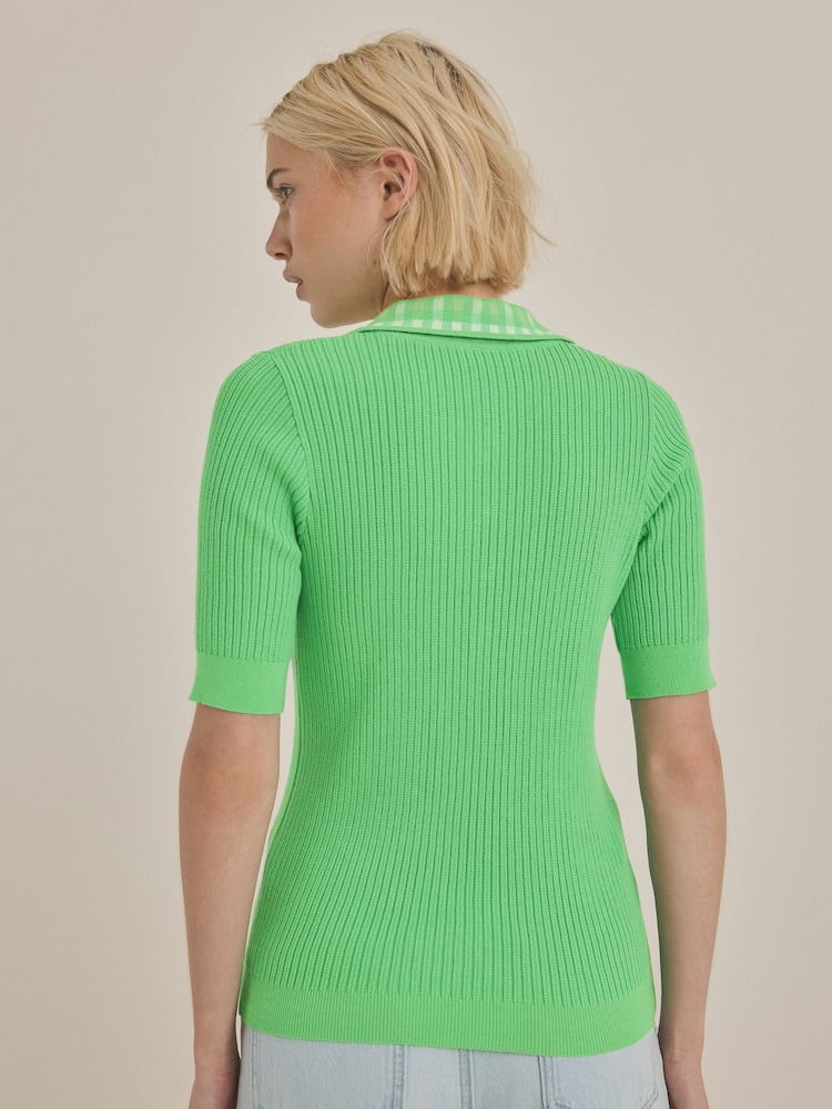 Green Bright Gingham Collared Polo Knitted 100% Cotton Jumper - Image 3 of 7