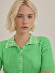Green Bright Gingham Collared Polo Knitted 100% Cotton Jumper - Image 4 of 7