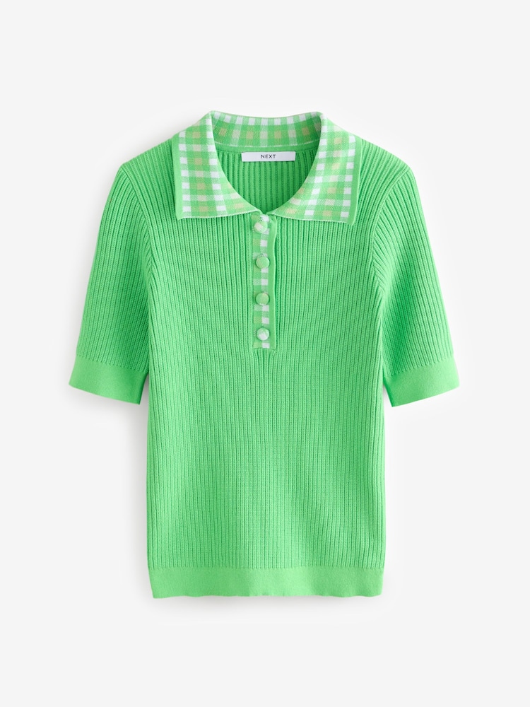 Green Bright Gingham Collared Polo Knitted 100% Cotton Jumper - Image 5 of 7