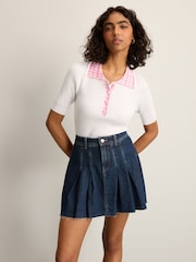 White Ecru Gingham Collared Polo Knitted 100% Cotton Jumper - Image 2 of 7