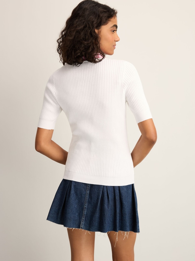 White Ecru Gingham Collared Polo Knitted 100% Cotton Jumper - Image 3 of 7