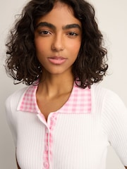 White Ecru Gingham Collared Polo Knitted 100% Cotton Jumper - Image 4 of 7