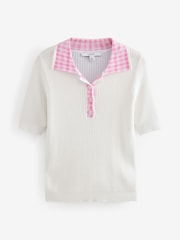 White Ecru Gingham Collared Polo Knitted 100% Cotton Jumper - Image 5 of 7