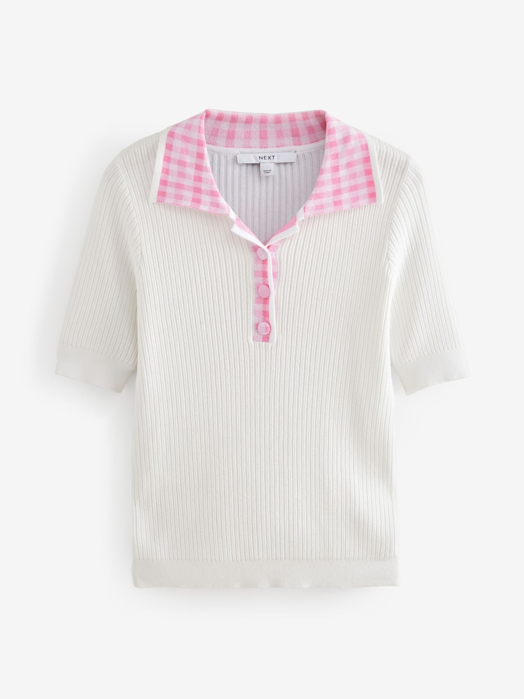 White Ecru Gingham Collared Polo Knitted 100% Cotton Jumper - Image 5 of 7