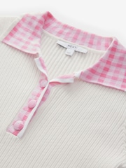 White Ecru Gingham Collared Polo Knitted 100% Cotton Jumper - Image 6 of 7