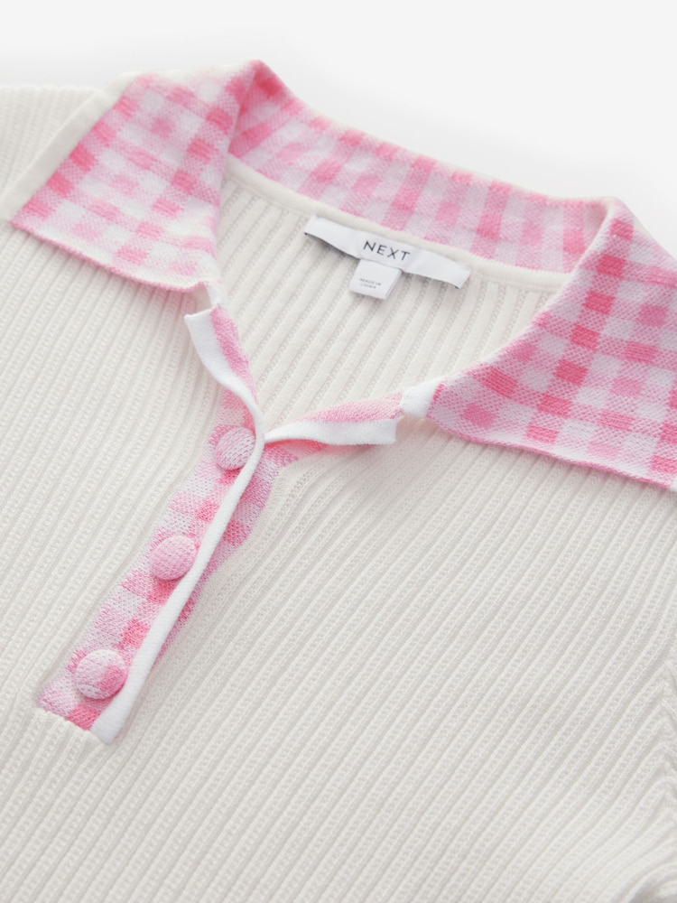 White Ecru Gingham Collared Polo Knitted 100% Cotton Jumper - Image 6 of 7