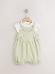 Sage Green Embroidered Floral Short Sleeve 100% Cotton Bodysuit And Leg Baby Dungaree Set (0mths-2yrs) - Image 1 of 6