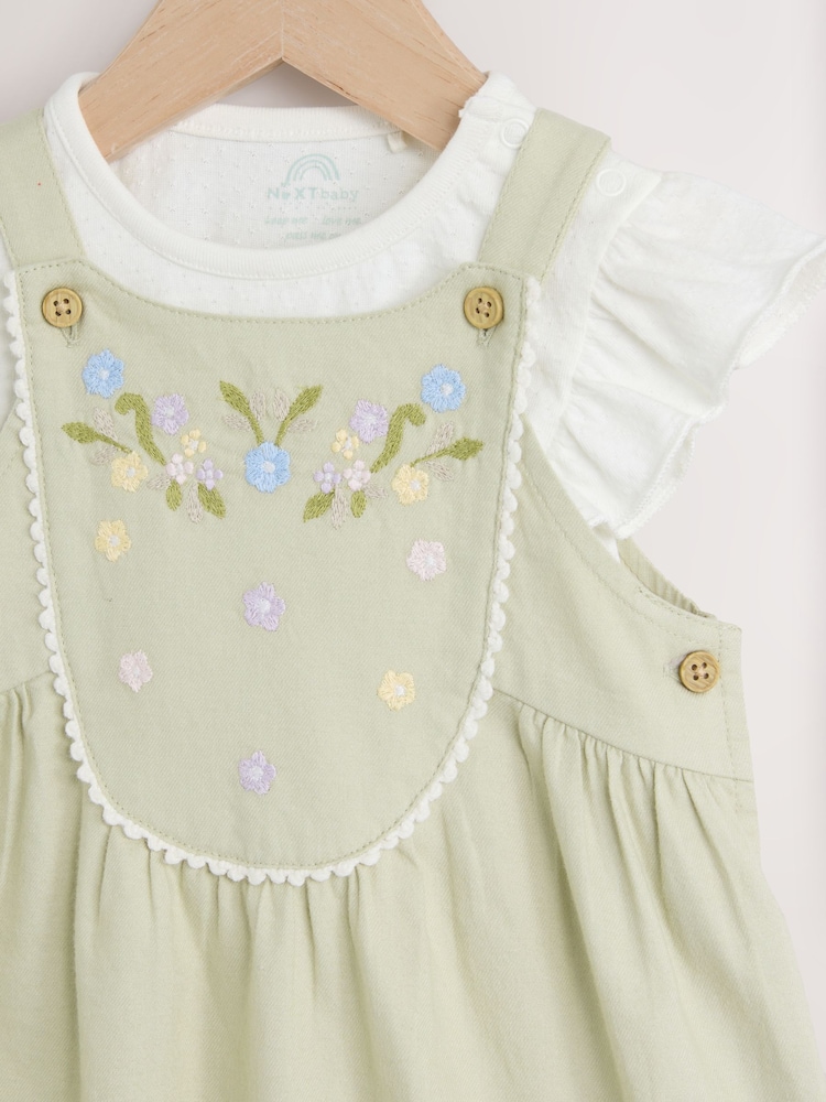 Verde salvie brodate Floral - Set Salopetă și Body din Bumbac cu Mânecă Scurtă pentru Bebeluși 100% (0luni-2ani) - Image 4 of 6