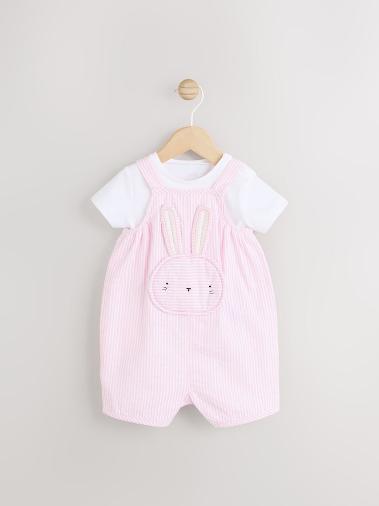 Pink Bunny Face Short Sleeve 100% Cotton Bodysuit And Leg Baby Dungaree Set (0mths-2yrs) - Image 1 of 7